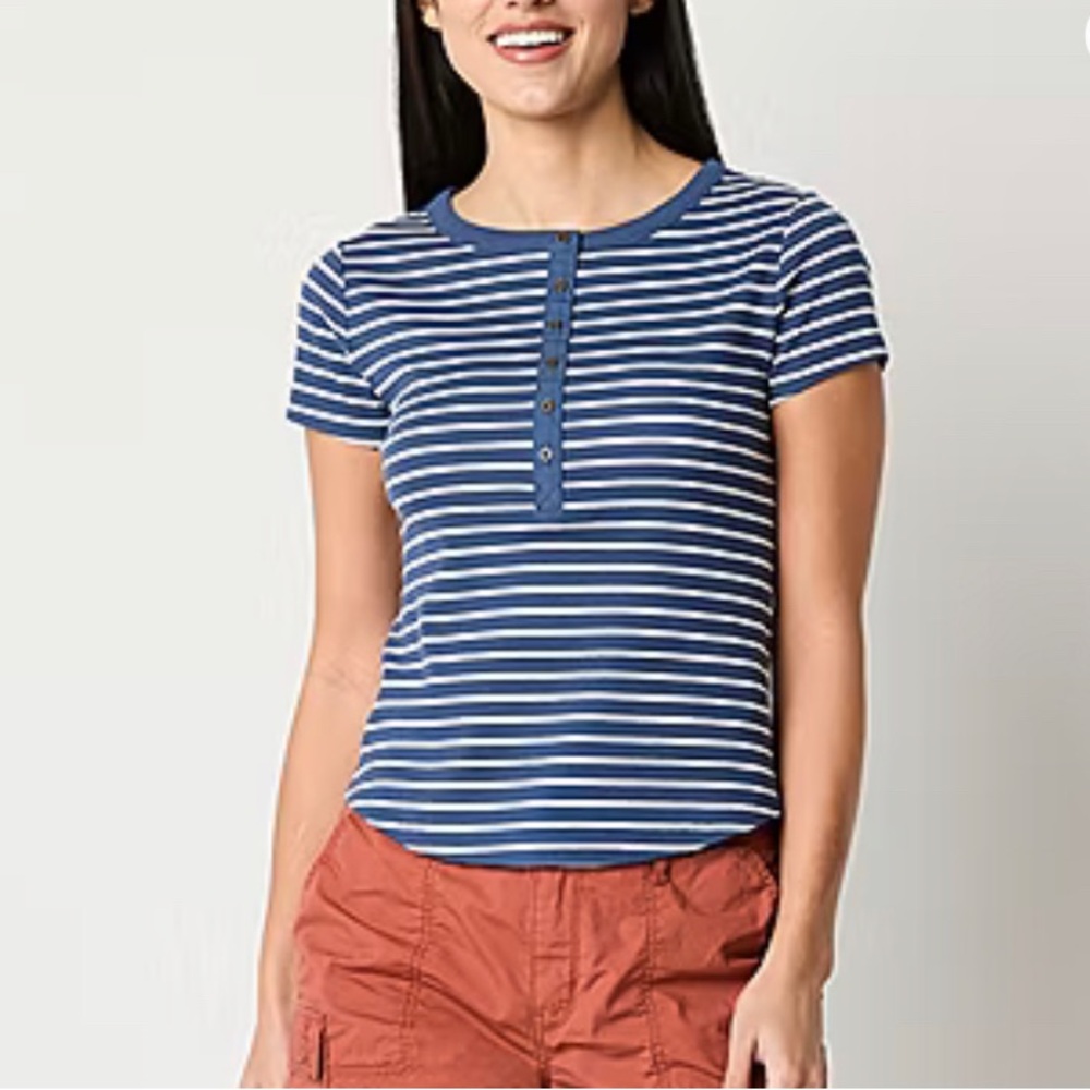 New a.n.a Ribbed Womens Blue Short Sleeve Henley Shirt, size OX (14W)